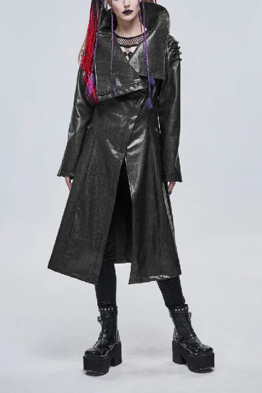 Black/Gray Large Neckline Design Long Leather Shoulder String Decoration Women's Punk Jacket Denim Fabric Leather Fabric Suede Fabric Black/Gray Large Neckline Design Long Leather Shoulder String Decoration Women's Punk Jacket Denim Fabric Leather Fabric Suede Fabric