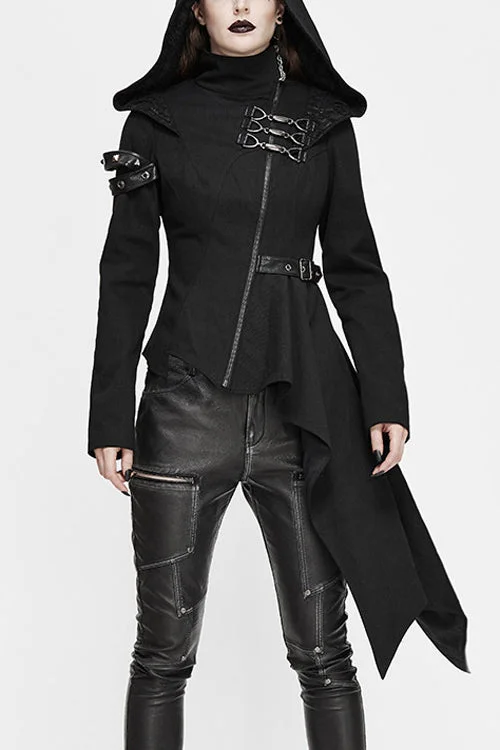 Black Hooded Asymmetrical Zipper Womens Punk Jacket Fitted Jacket Loose Jacket Oversized Jacket Black Hooded Asymmetrical Zipper Womens Punk Jacket Fitted Jacket Loose Jacket Oversized Jacket