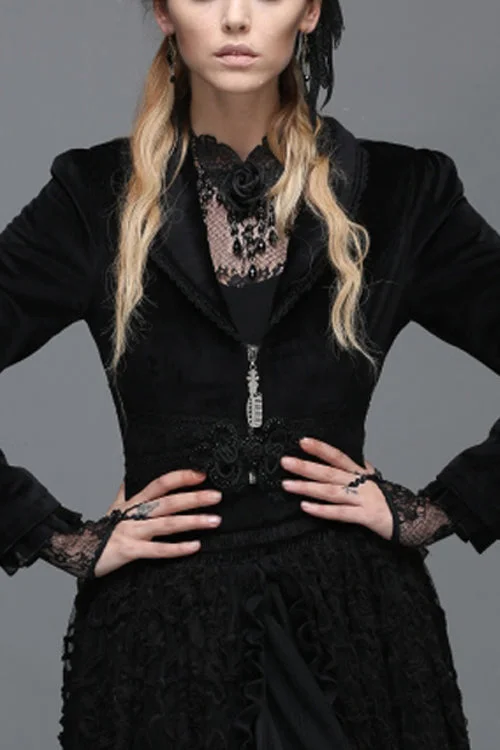 Black Lace Waist Woollen Womens Velvet Short Gothic Jacket With Tail Zip Front Button Front Snap Front Black Lace Waist Woollen Womens Velvet Short Gothic Jacket With Tail Zip Front Button Front Snap Front