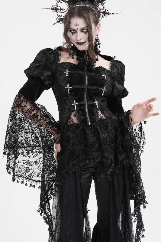 Black Long Sleeves Hollow Lace Tassels Women's Gothic Jacket Stand-Up Collar Roll-Neck Collar Turtle Neck Black Long Sleeves Hollow Lace Tassels Women's Gothic Jacket Stand-Up Collar Roll-Neck Collar Turtle Neck