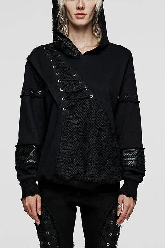 Black Long Sleeves Print Metal Eyelet Lace-Up Hooded Womens Steampunk Jacket Knit Fabric Woven Fabric Fleece Fabric Black Long Sleeves Print Metal Eyelet Lace-Up Hooded Womens Steampunk Jacket Knit Fabric Woven Fabric Fleece Fabric