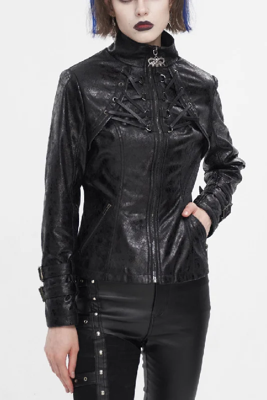 Black Stand Collar Crackled Buckle Women's Punk Jacket Herringbone Jacket Houndstooth Jacket Plaid Jacket Black Stand Collar Crackled Buckle Women's Punk Jacket Herringbone Jacket Houndstooth Jacket Plaid Jacket