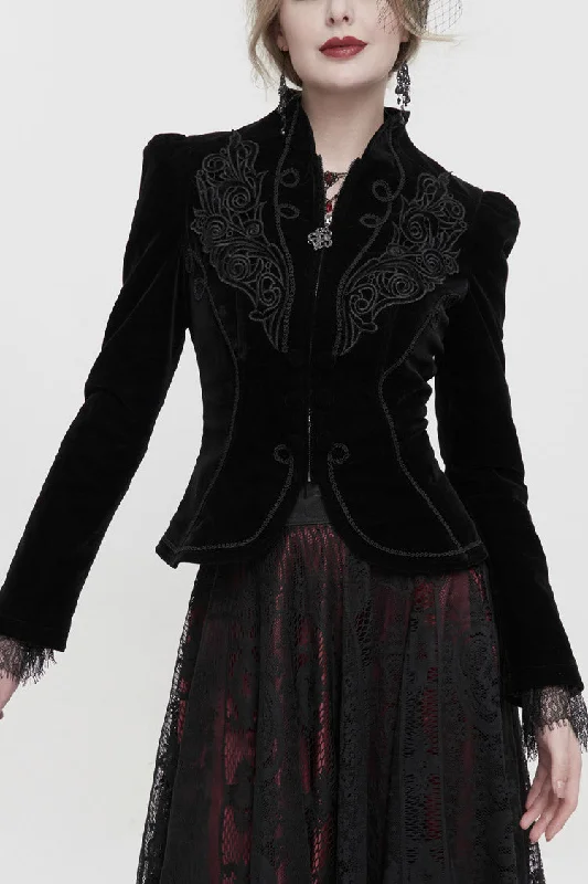 Black Stand Collar Velvet Appliqu On Chest Pendant Zipper Autumn And Winter Short Long Sleeve Women's Gothic Jacket