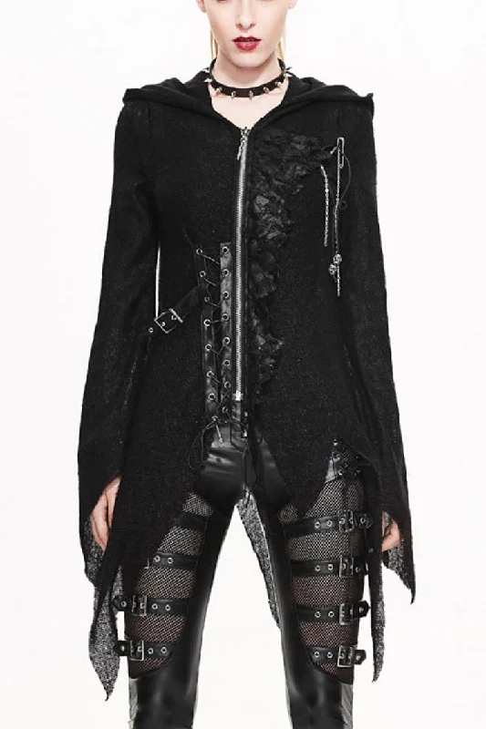 Black Vintage Hooded With Leather Details Women's Punk Jackets Nylon Jacket Polyester Jacket Spandex Jacket Black Vintage Hooded With Leather Details Women's Punk Jackets Nylon Jacket Polyester Jacket Spandex Jacket