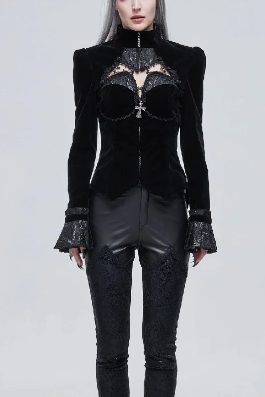 Black Vintage Shiny Jacquard Bat Cutout Applique Women's Gothic Jacket Welt Pockets Slit Pockets Flap Pockets Black Vintage Shiny Jacquard Bat Cutout Applique Women's Gothic Jacket Welt Pockets Slit Pockets Flap Pockets