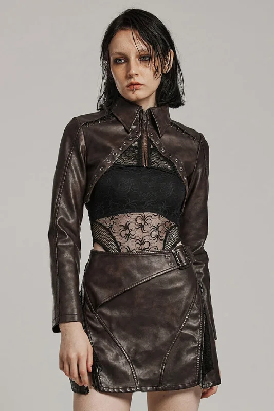 Brown Lapel Collar Long Sleeves Stitching Women's Faux Leather Punk Short Jacket Cotton Jacket Linen Jacket Terry Jacket Brown Lapel Collar Long Sleeves Stitching Women's Faux Leather Punk Short Jacket Cotton Jacket Linen Jacket Terry Jacket