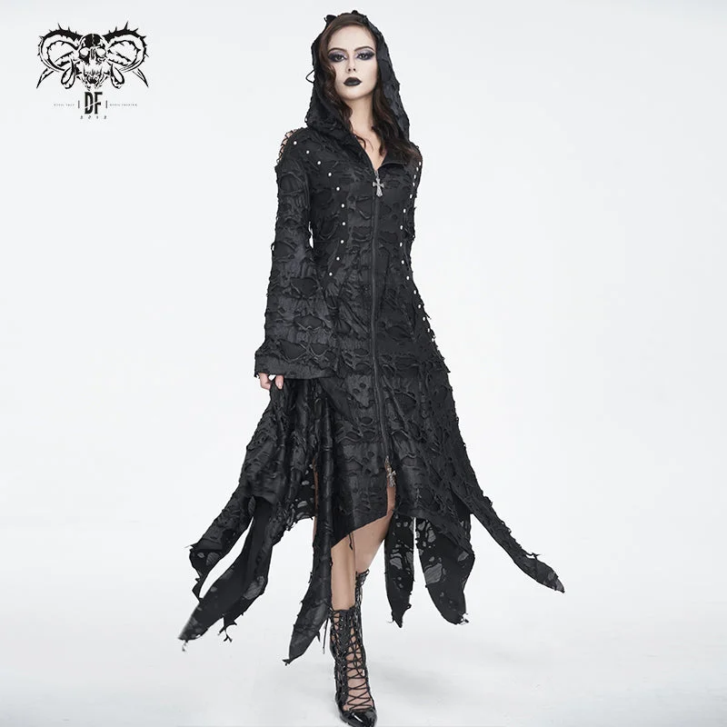 CT225 Dark tattered hooded knitted women's jacket Fleece Fabric Down Fabric Feather Fabric CT225 Dark tattered hooded knitted women's jacket Fleece Fabric Down Fabric Feather Fabric