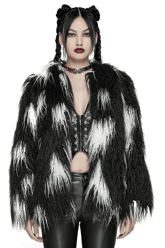 Edgy Black and White Faux Fur Jacket Trendy Style