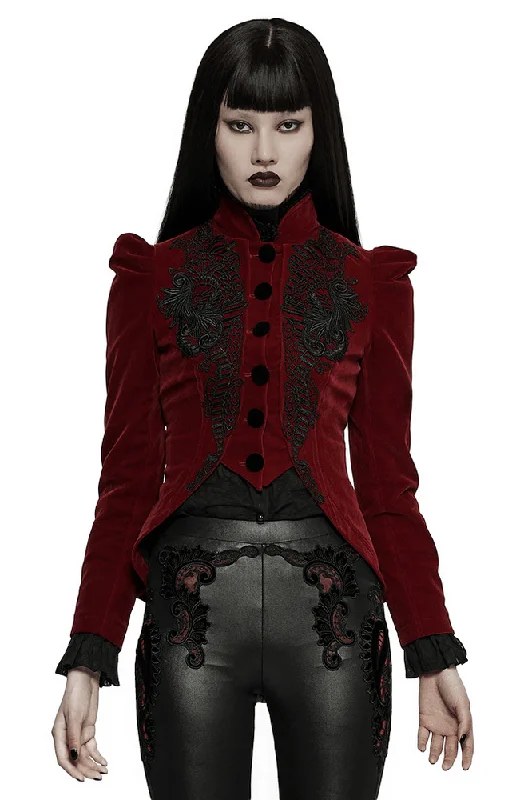 Elegant Wine Red Gothic Lace Trim Velvet Goth Jacket Collared Jacket Crew Neck Jacket Turtle Neck Jacket Elegant Wine Red Gothic Lace Trim Velvet Goth Jacket Collared Jacket Crew Neck Jacket Turtle Neck Jacket