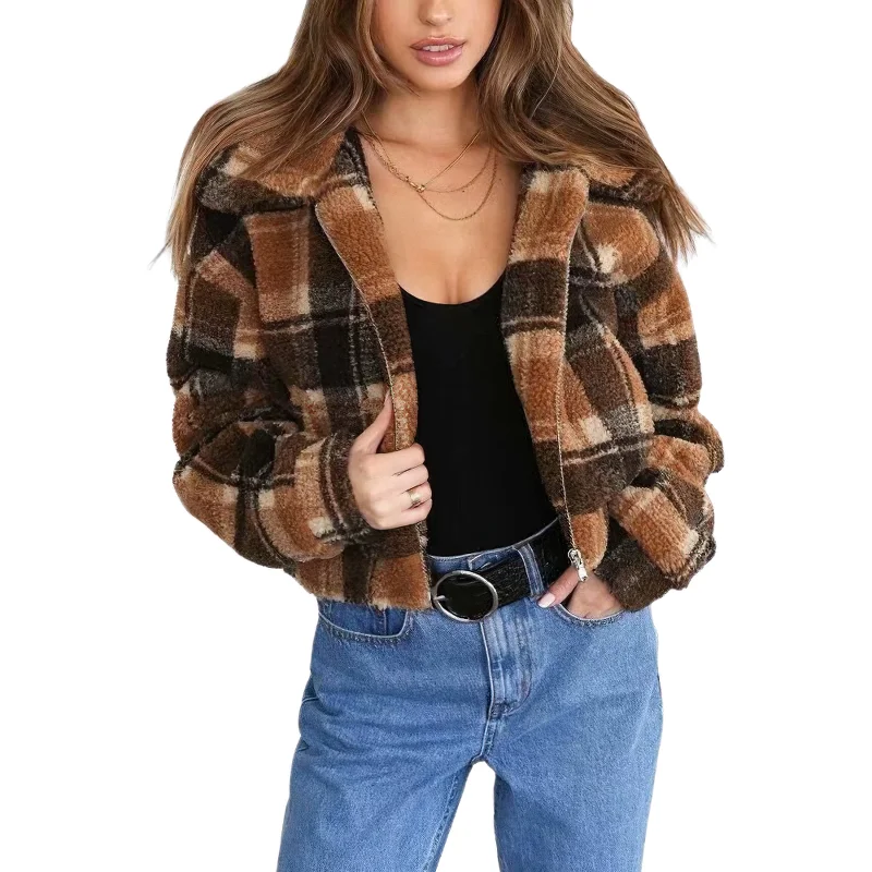 Fashion Women's Plaid Lamb Wool Jacket / Vintage Zipper Fleece Warm Jacket Print Jacket Jacquard Jacket Embroidered Jacket Fashion Women's Plaid Lamb Wool Jacket / Vintage Zipper Fleece Warm Jacket Print Jacket Jacquard Jacket Embroidered Jacket