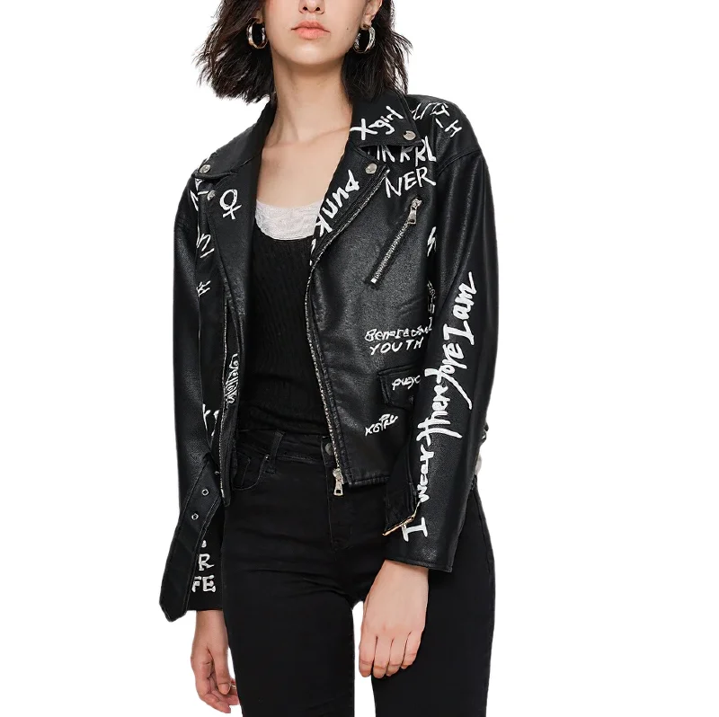 Fashion Women's Pu Leather Jacket / Black Female Motorcyle Jacket With Belt Notch Collar Peter Pan Collar Cowl Neck Fashion Women's Pu Leather Jacket / Black Female Motorcyle Jacket With Belt Notch Collar Peter Pan Collar Cowl Neck