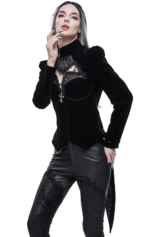 Gothic Style Cutout Splice Swallow-tailed Jacket / Appliqued Women's Velvet Jackets Welt Pockets Slit Pockets Flap Pockets Gothic Style Cutout Splice Swallow-tailed Jacket / Appliqued Women's Velvet Jackets Welt Pockets Slit Pockets Flap Pockets