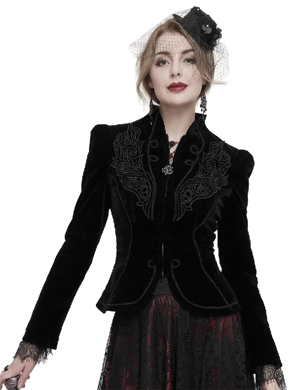 Gothic Velvet Zipper Black Jacket for Women / Vintage Jacket with Lace Applique and Decorative Buttons Notch Collar Peter Pan Collar Cowl Neck Gothic Velvet Zipper Black Jacket for Women / Vintage Jacket with Lace Applique and Decorative Buttons Notch Collar Peter Pan Collar Cowl Neck