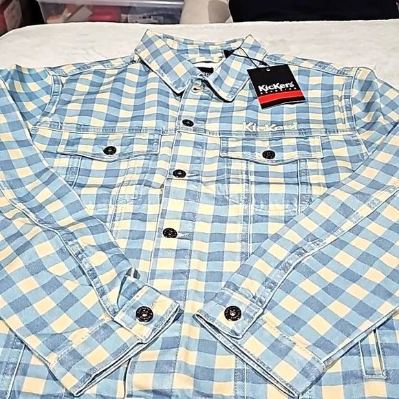 Kickers Women's Gingham Classic Denim Button Down Jacket in Blue Front Pockets Boat Neck Shawl Collar Notched Collar Kickers Women's Gingham Classic Denim Button Down Jacket in Blue Front Pockets Boat Neck Shawl Collar Notched Collar