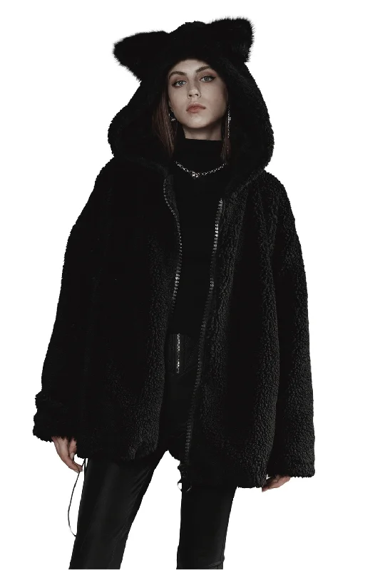 Loose Warm Fox Ear Hooded Jacket with Zipper for Women