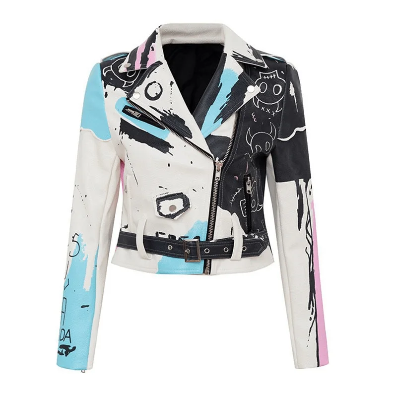 Punk Rock PU Leather Jacket for Women / Short Slim Graffiti Print Jackets Cotton Jacket Linen Jacket Terry Jacket Punk Rock PU Leather Jacket for Women / Short Slim Graffiti Print Jackets Cotton Jacket Linen Jacket Terry Jacket
