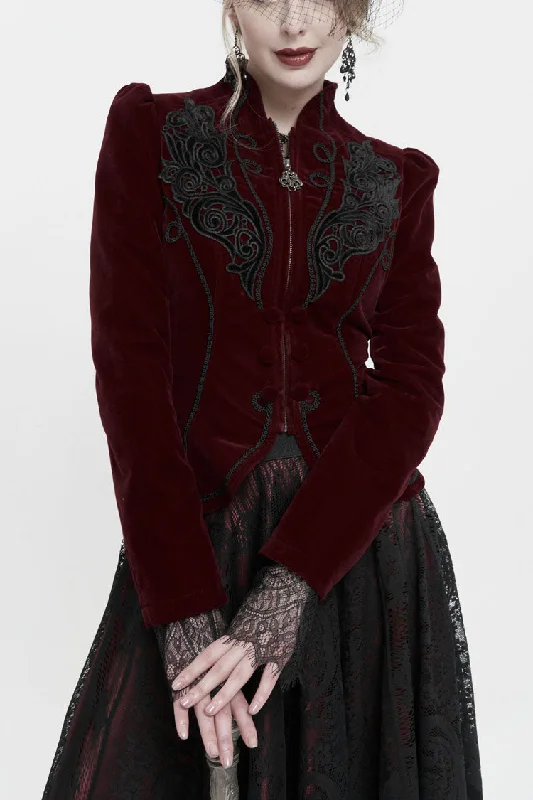 Red Stand Collar Velvet Applique On Chest Pendant Zipper Long Sleeve Women's Gothic Jacket Wool Jacket Cashmere Jacket Tweed Jacket Red Stand Collar Velvet Applique On Chest Pendant Zipper Long Sleeve Women's Gothic Jacket Wool Jacket Cashmere Jacket Tweed Jacket