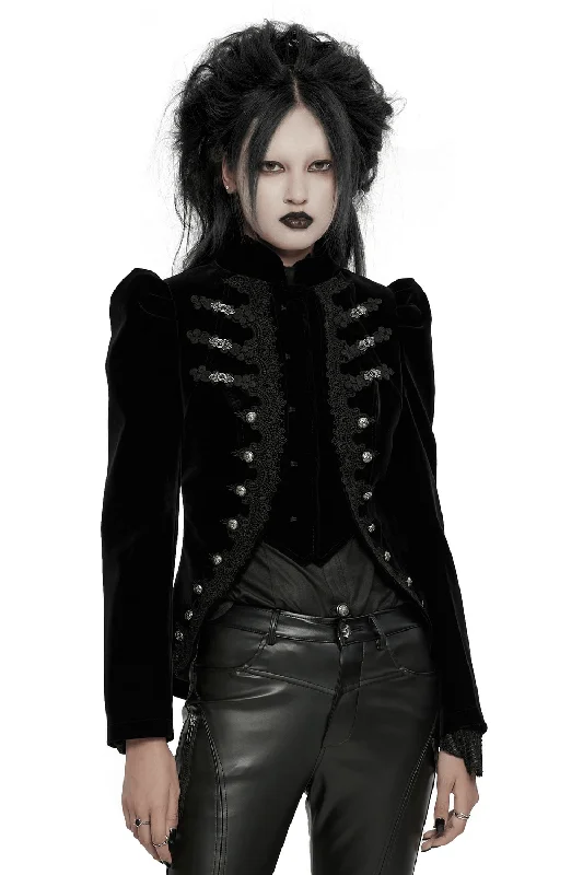 Refined Stand Collar Black Jacket with Lace and Buttons