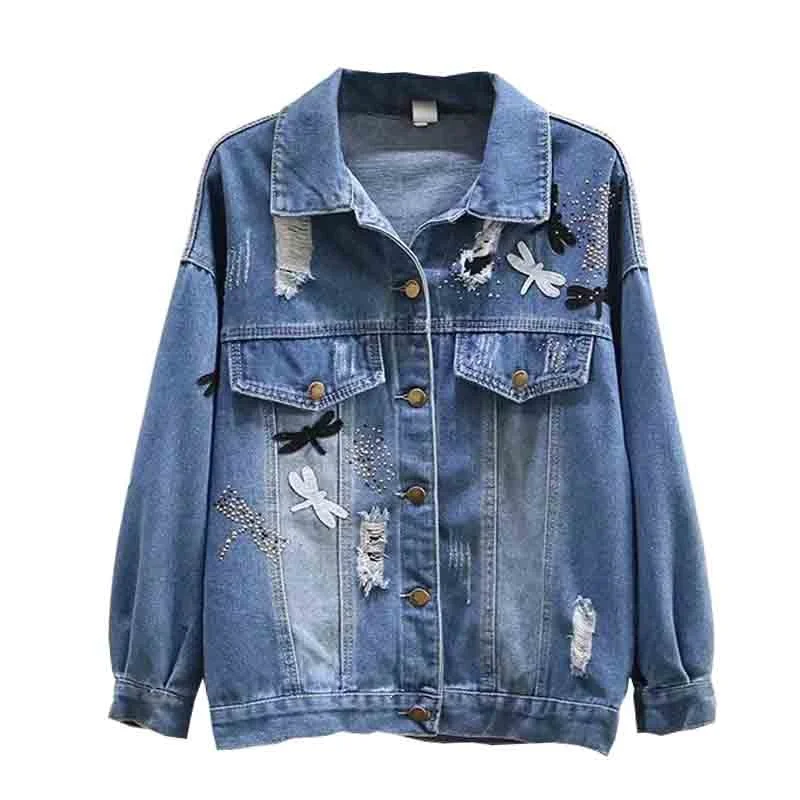 Rock Style Women Denim Jeans Jacket / Loose Long Sleeve Jackets with Dragonfly Patches Anorak Shell Jacket Lightweight Jacket Rock Style Women Denim Jeans Jacket / Loose Long Sleeve Jackets with Dragonfly Patches Anorak Shell Jacket Lightweight Jacket