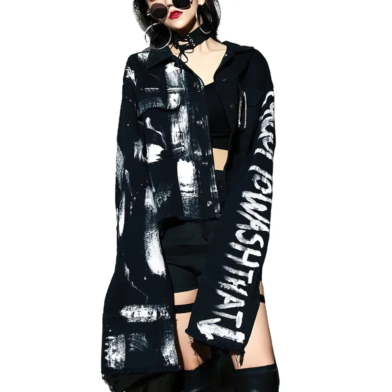 Streetwear Women Graffiti Print Jeans Jacket / Female Rock Style Fashion Denim Jacket Leather Jacket Suede Jacket Streetwear Women Graffiti Print Jeans Jacket / Female Rock Style Fashion Denim Jacket Leather Jacket Suede Jacket