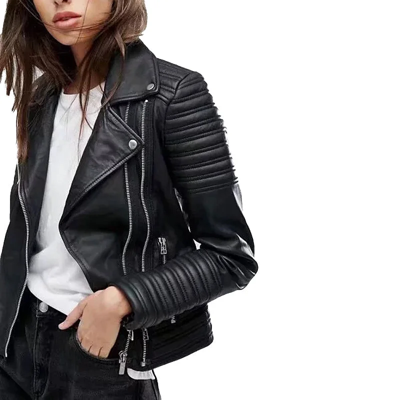 Vintage PU Leather Motorcycle Jacket / Women Biker Style Fashion Stand-Up Collar Roll-Neck Collar Turtle Neck Vintage PU Leather Motorcycle Jacket / Women Biker Style Fashion Stand-Up Collar Roll-Neck Collar Turtle Neck
