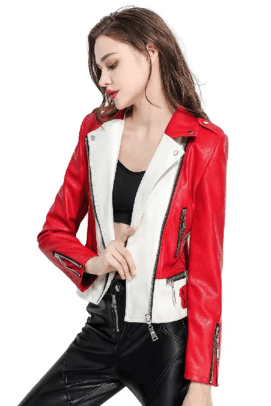 Women's Faux Leather Biker Jacket / Short Zipper Jacket in Red and White Color Knit Jacket Woven Jacket Fleece Jacket Women's Faux Leather Biker Jacket / Short Zipper Jacket in Red and White Color Knit Jacket Woven Jacket Fleece Jacket