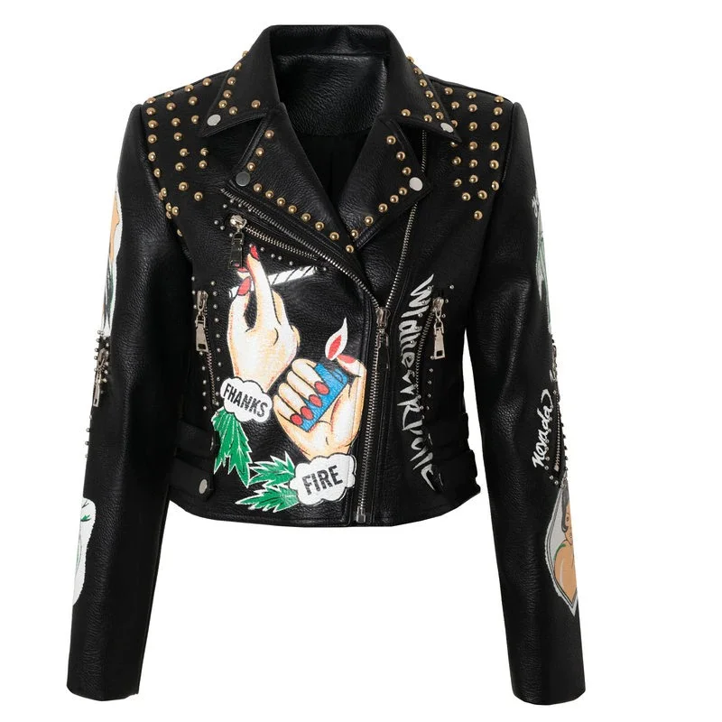 Women's Leather Motorcyle Jacket in Punk style / Female Black Jackets of Color Print and Rivets Hoodie Zip-Up Jacket Button-Up Jacket Women's Leather Motorcyle Jacket in Punk style / Female Black Jackets of Color Print and Rivets Hoodie Zip-Up Jacket Button-Up Jacket