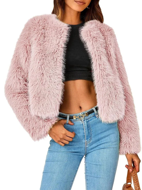 Women's New Furry Multicolor Collarless Top Short Jacket Zippered Front Buttoned Front Snap Front Women's New Furry Multicolor Collarless Top Short Jacket Zippered Front Buttoned Front Snap Front