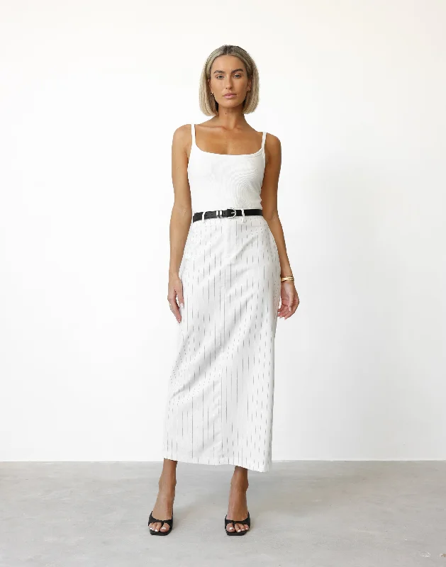 Charlie Maxi Skirt (White Pinstripe) velvet skirt glossy