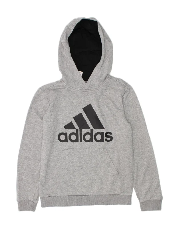 ADIDAS Boys Graphic Hoodie Jumper 9-10 Years Grey Cotton