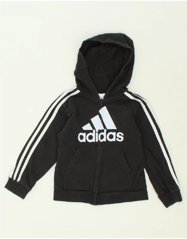 ADIDAS Boys Graphic Zip Hoodie Sweater 5-6 Years Black Cotton