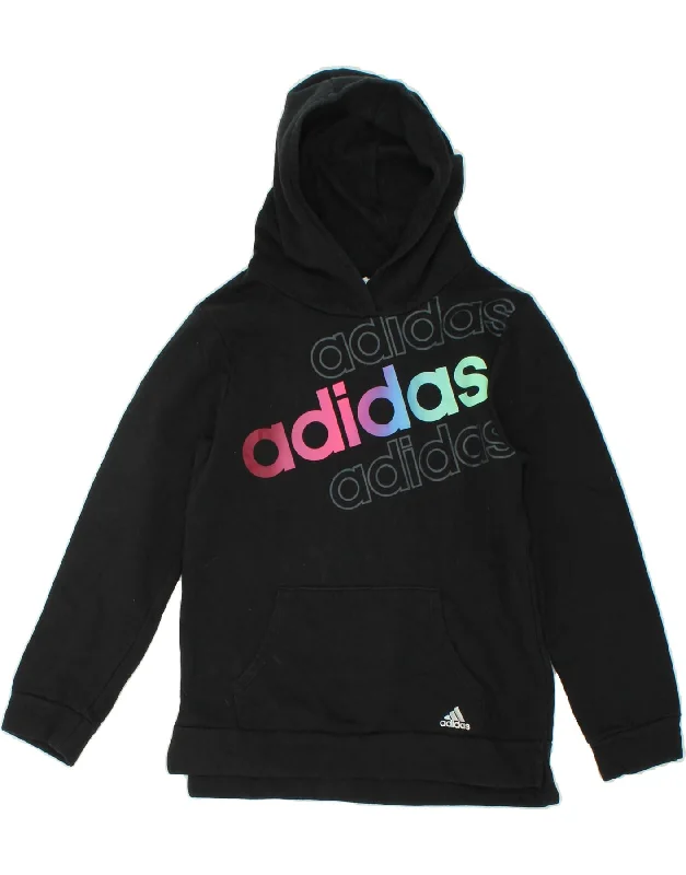 ADIDAS Girls Graphic Hoodie Jumper 11-12 Years Large Black Cotton