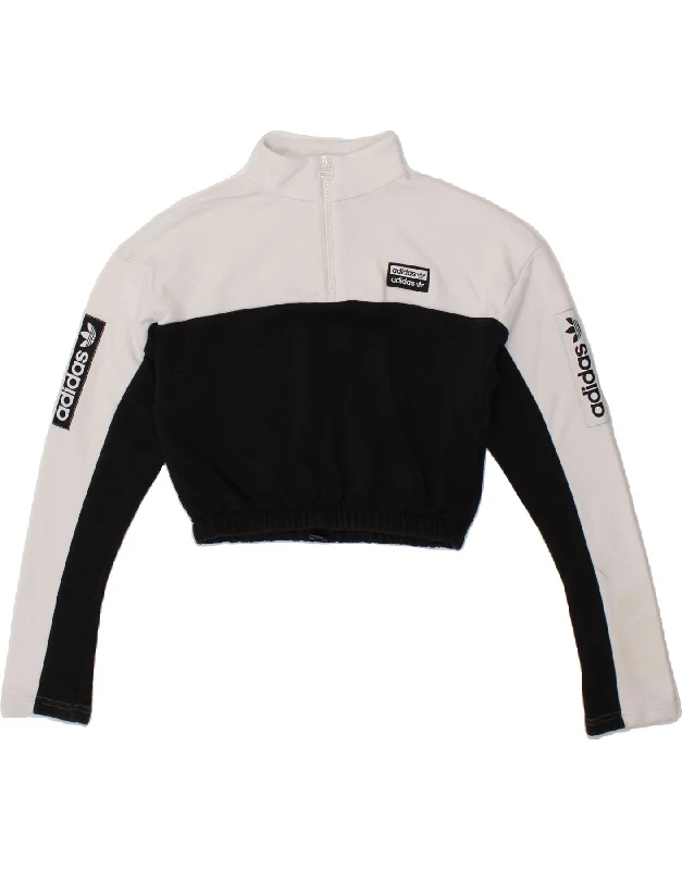 ADIDAS Womens Crop Graphic Sweatshirt Jumper UK 8 Small White Colourblock Hoodie with Hem Patch Decorative Personalized ADIDAS Womens Crop Graphic Sweatshirt Jumper UK 8 Small White Colourblock Hoodie with Hem Patch Decorative Personalized