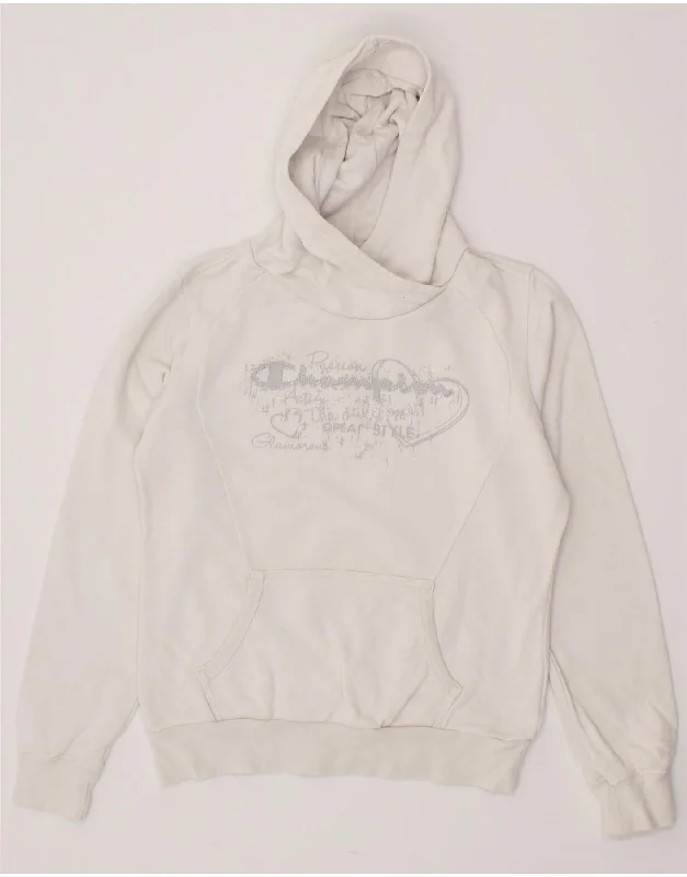 CHAMPION Girls Graphic Hoodie Jumper 11-12 Years Large White Cotton Hoodie with Tied Waist Feminine Flattering CHAMPION Girls Graphic Hoodie Jumper 11-12 Years Large White Cotton Hoodie with Tied Waist Feminine Flattering