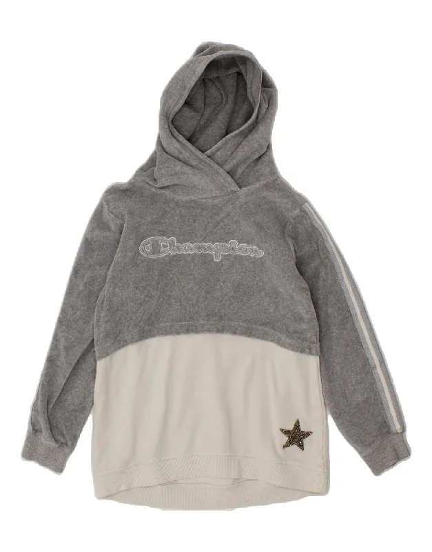 CHAMPION Girls Graphic Hoodie Jumper 9-10 Years Medium Grey Colourblock Hoodie with Raglan Sleeves Sporty Comfortable CHAMPION Girls Graphic Hoodie Jumper 9-10 Years Medium Grey Colourblock Hoodie with Raglan Sleeves Sporty Comfortable