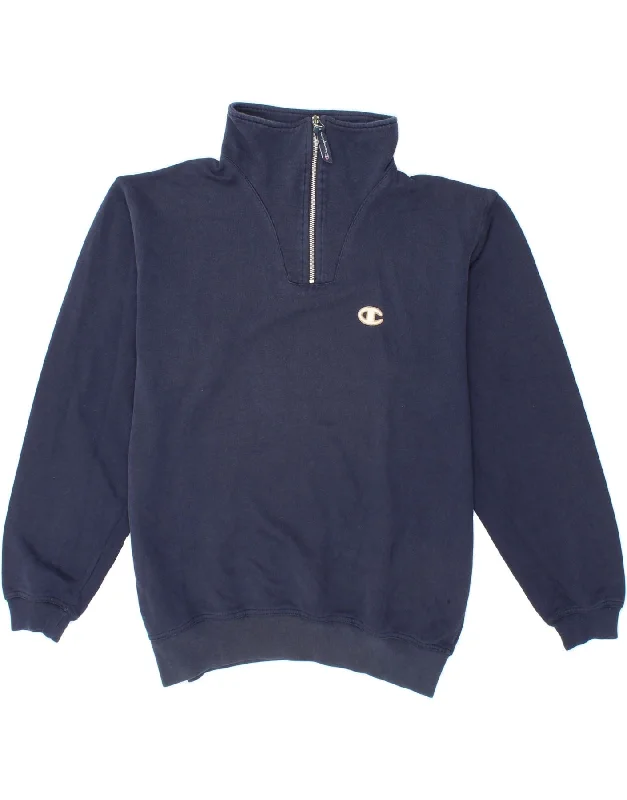 CHAMPION Mens Zip Neck Sweatshirt Jumper Medium Navy Blue Cotton Hoodie with Contrast Stitching Detailed Premium CHAMPION Mens Zip Neck Sweatshirt Jumper Medium Navy Blue Cotton Hoodie with Contrast Stitching Detailed Premium