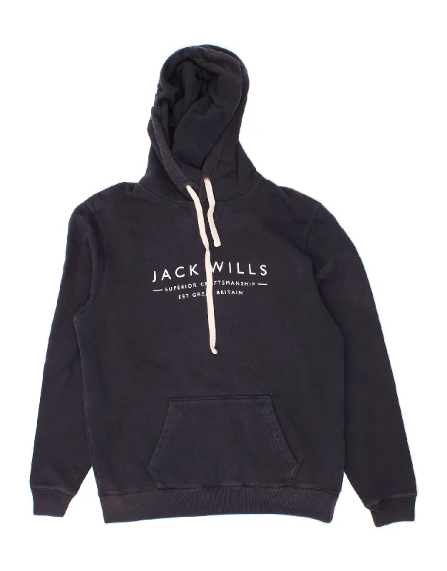 JACK WILLS Mens Graphic Hoodie Jumper Medium Navy Blue Cotton