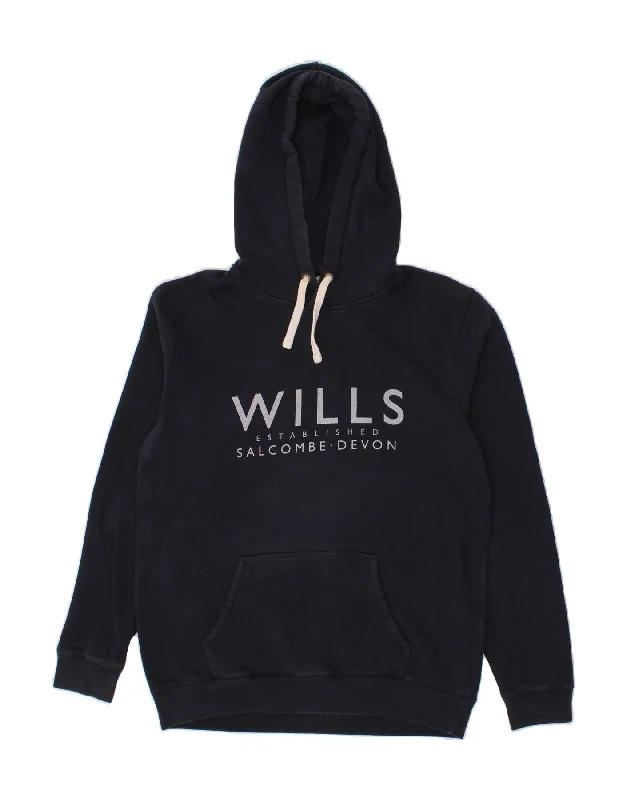 JACK WILLS Mens Graphic Hoodie Jumper Small Navy Blue Cotton