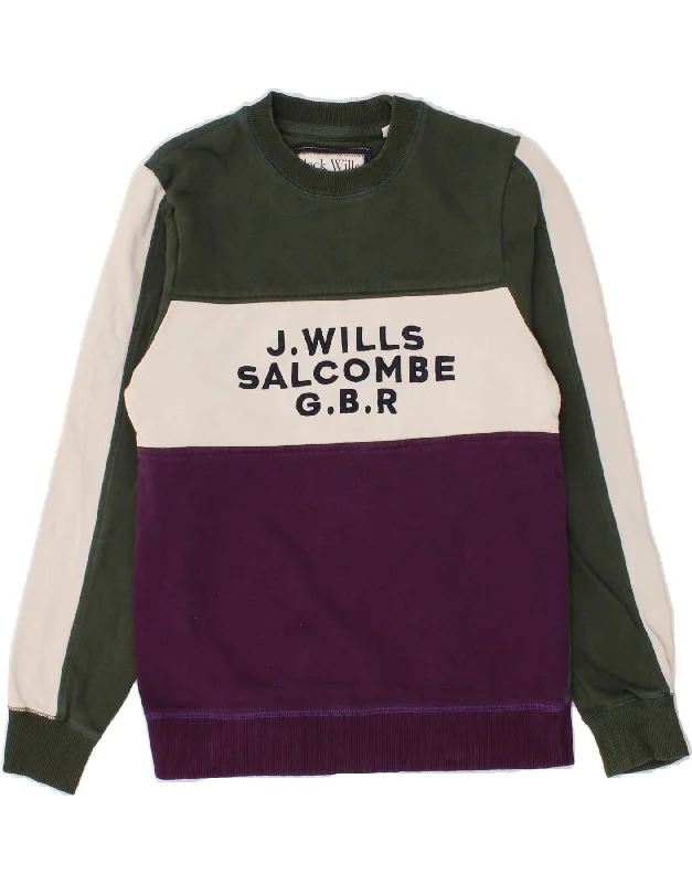 JACK WILLS Mens Graphic Sweatshirt Jumper Small Green Colourblock Cotton