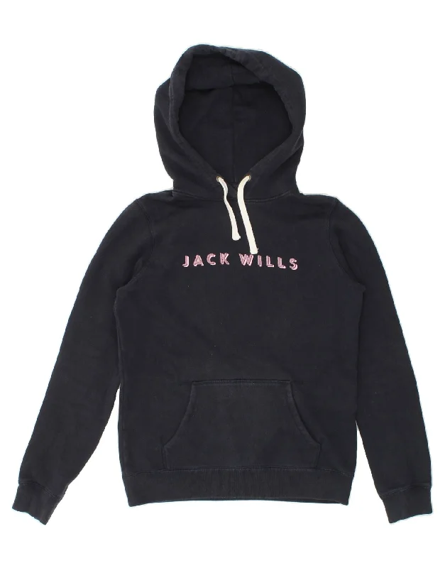 JACK WILLS Womens Graphic Hoodie Jumper UK 10 Small Navy Blue Cotton Hoodie with Embroidery Detailed Premium JACK WILLS Womens Graphic Hoodie Jumper UK 10 Small Navy Blue Cotton Hoodie with Embroidery Detailed Premium