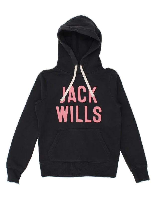 JACK WILLS Womens Graphic Hoodie Jumper UK 6 XS  Navy Blue Cotton