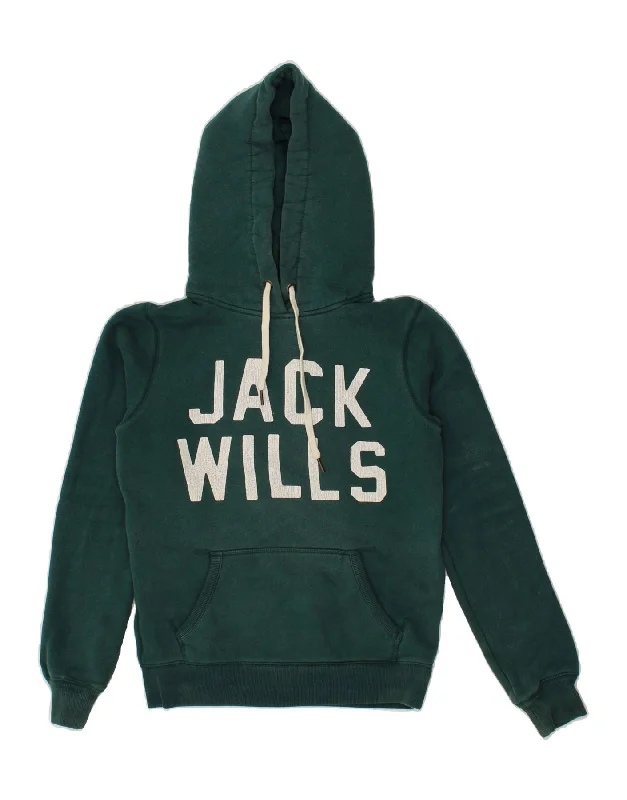 JACK WILLS Womens Graphic Hoodie Jumper UK 8 Small  Green Cotton