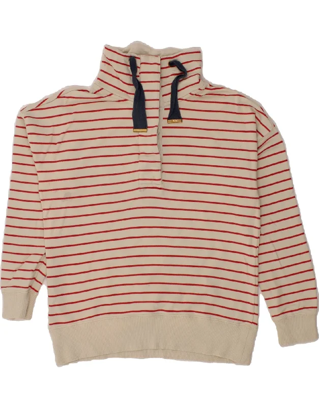 JOULES Womens Button Neck Sweatshirt Jumper UK 12 Medium Beige Striped Hoodie with Distressed Vintage Worn JOULES Womens Button Neck Sweatshirt Jumper UK 12 Medium Beige Striped Hoodie with Distressed Vintage Worn