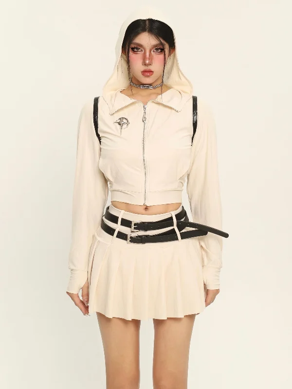 Lena Solid Solid Long Sleeve Zip Up Cropped Hoodie + Double Belt Strap Pleated Mini Skirt Matching Set silk skirt luxurious
