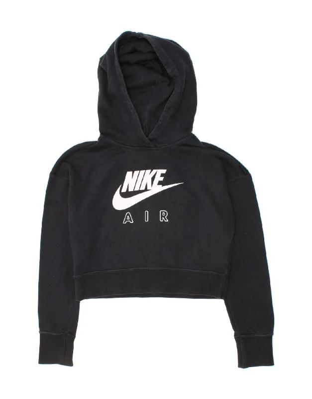 NIKE Girls Crop Graphic Hoodie Jumper 10-11 Years Medium  Black Cotton