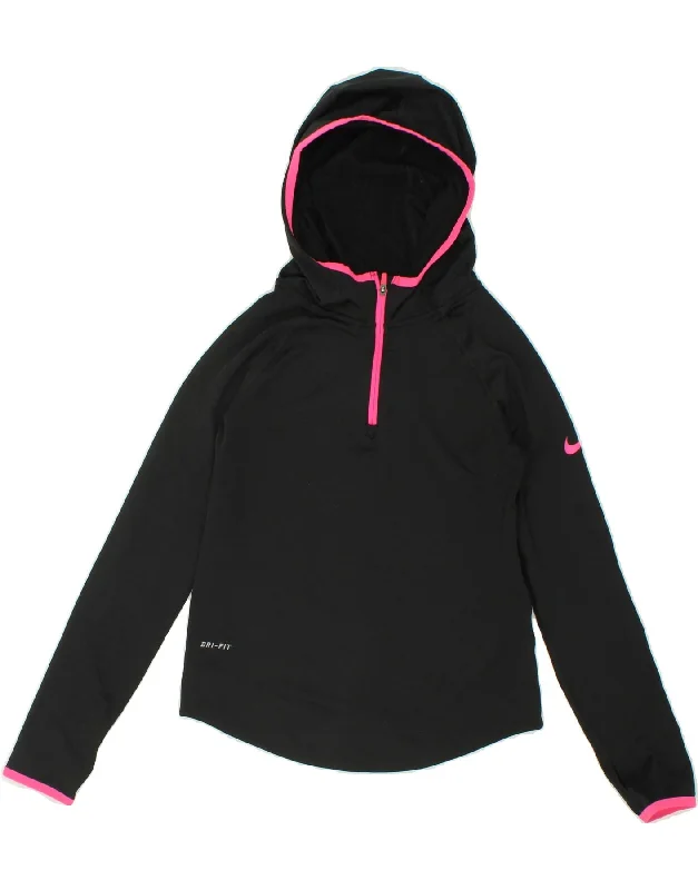 NIKE Girls Dri Fit Hoodie Jumper 10-11 Years Medium Black Polyester