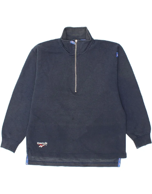 REEBOK Mens Zip Neck Sweatshirt Jumper XL Navy Blue Cotton Hoodie with Raw Hem Edgy Unfinished REEBOK Mens Zip Neck Sweatshirt Jumper XL Navy Blue Cotton Hoodie with Raw Hem Edgy Unfinished