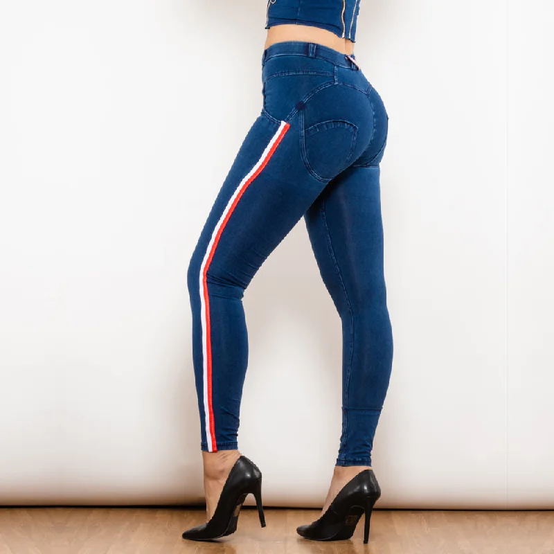 Boost Your Curves with White & Red Side Stripe Dark Blue Denim Butt Lift Jeans for Women