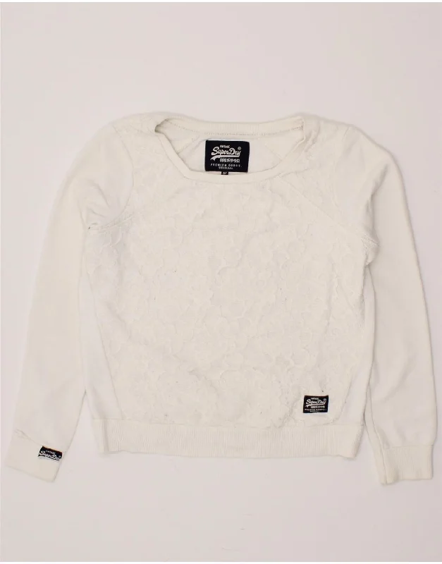 SUPERDRY Womens Oversized Sweatshirt Jumper UK 10 Small White Floral Hoodie with Hem Raw Edge Edgy Unfinished SUPERDRY Womens Oversized Sweatshirt Jumper UK 10 Small White Floral Hoodie with Hem Raw Edge Edgy Unfinished
