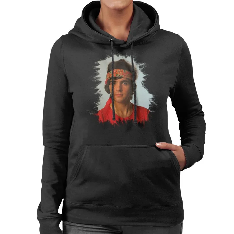 TV Times David Essex Bandana Portrait Women's Hooded Sweatshirt Hoodie with Hem Frayed Vintage Worn TV Times David Essex Bandana Portrait Women's Hooded Sweatshirt Hoodie with Hem Frayed Vintage Worn
